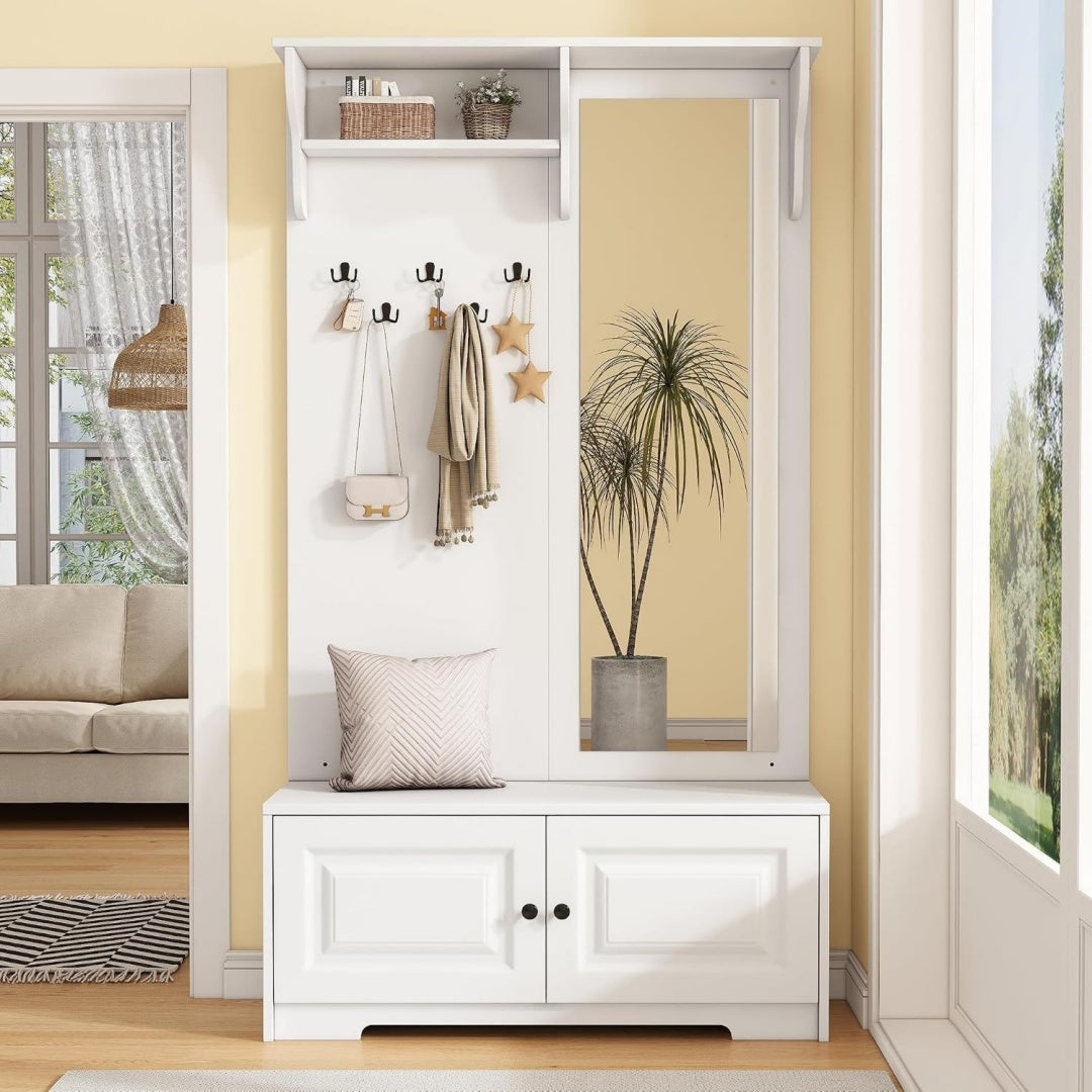 Armadio Appendiabiti con specchio, 100 x 40 x 180 cm, bianco, 5 ganci appendiabiti